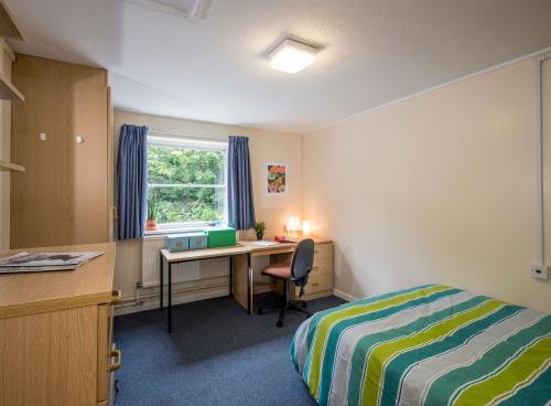A large student bedroom. The room contains a double bed with striped covers, a large desk, a wooden wardrobe and chest of drawers.