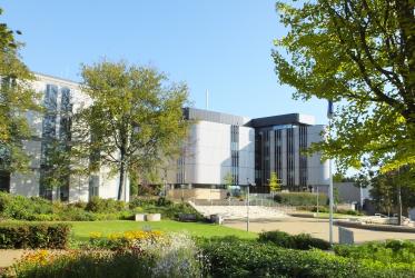 Life sciences building 85, viewed from gardens on a sunny summer day