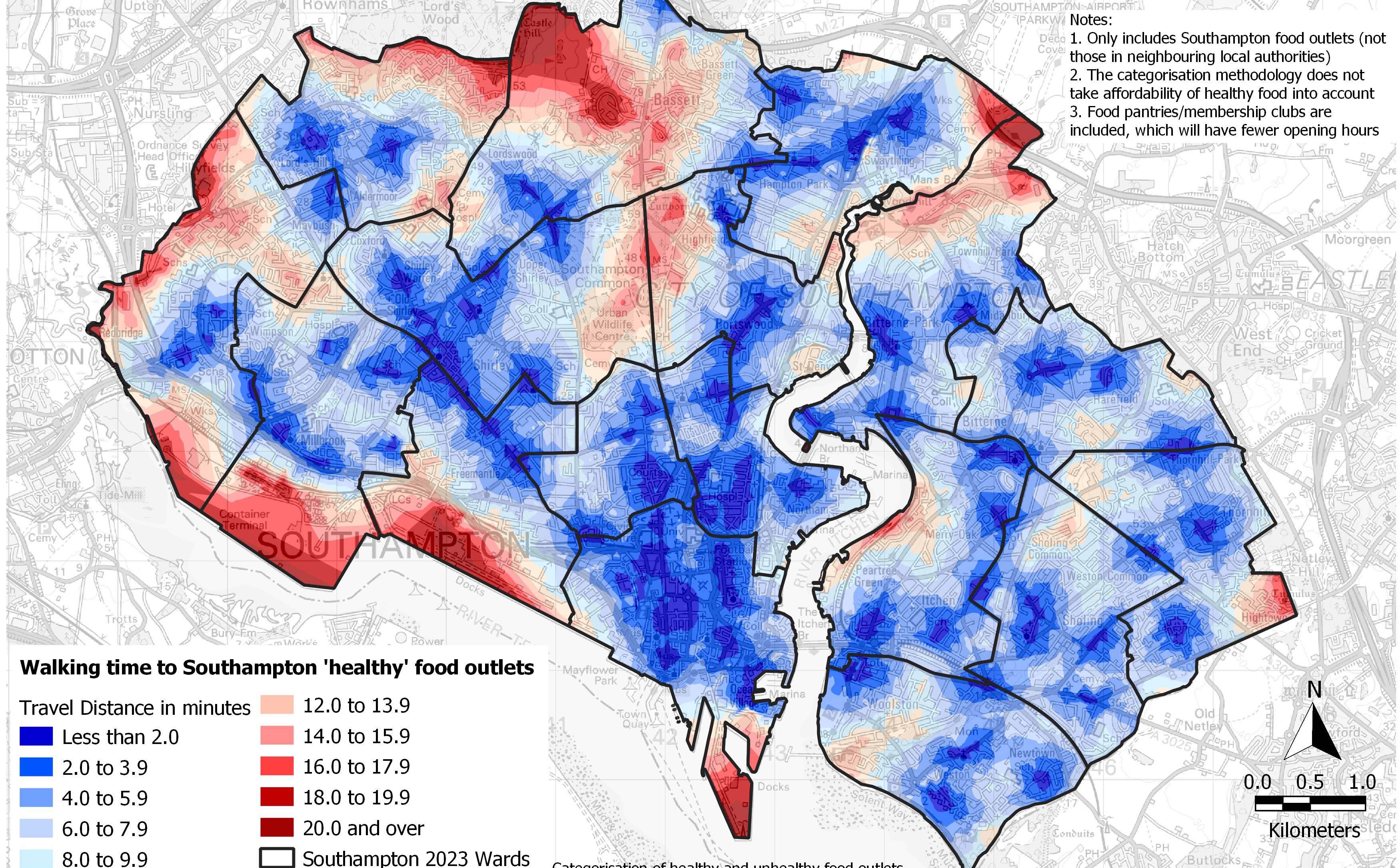 Map of Southampton coloured red and blue to show 