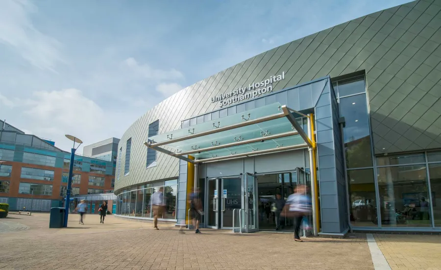 People coming and going outside the entrance of Southampton General Hospital.