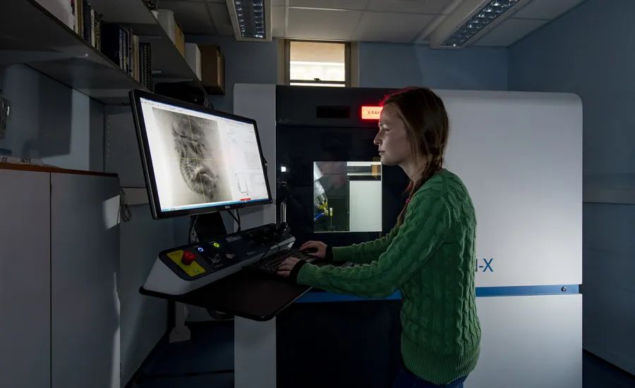 A student examines an X ray in the biological imaging unit