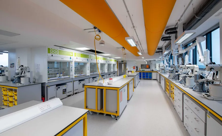 A large, modern, vibrant chemistry laboratory. The lab is empty, but a variety of glassware, fume cupboards and scientific equipment are visible.