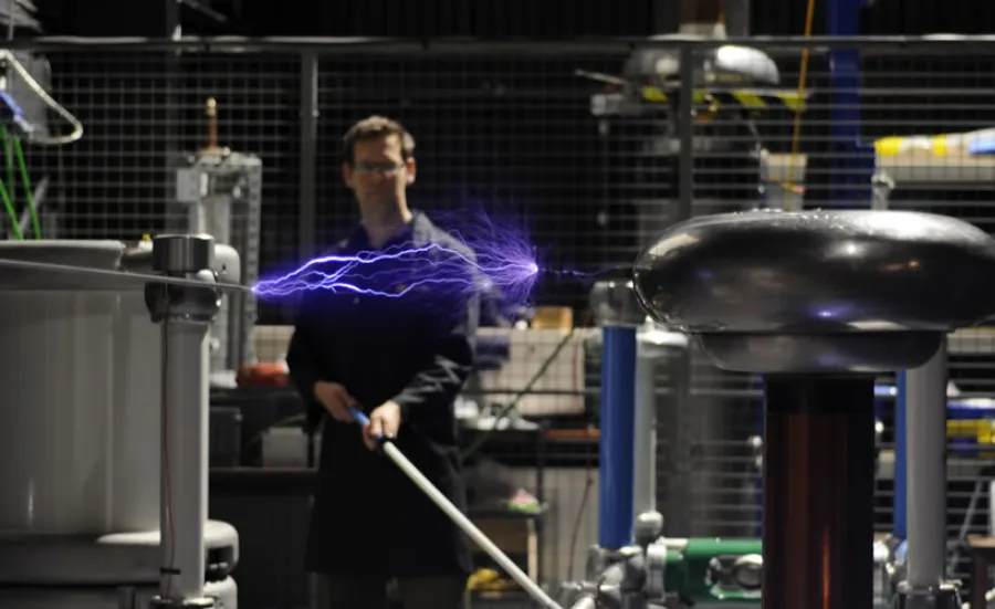 A researcher conducting an electrical experiment in the high voltage lab.