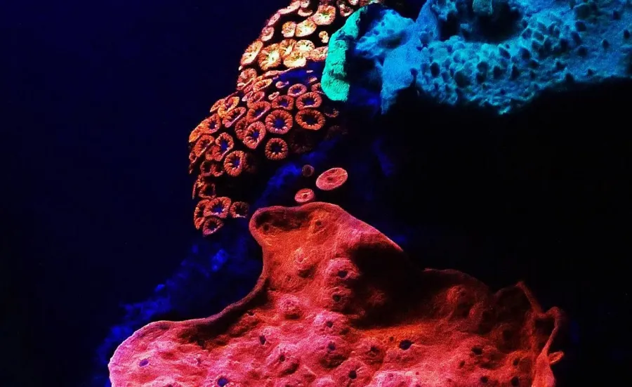 A collection of corals from a deep reef in the Red Sea, shining in a rainbow of colours.