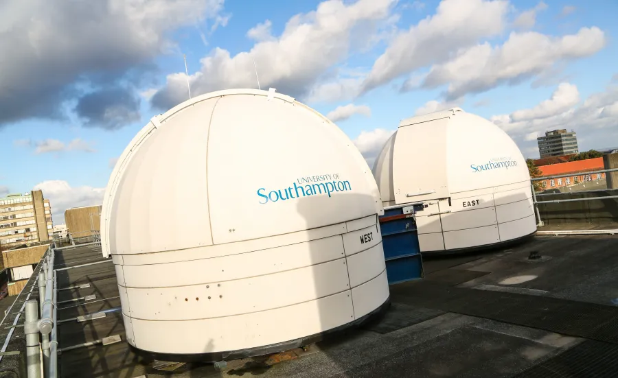 The East and West observatories atop the Southampton physics and astronomy building at Highfield Campus.