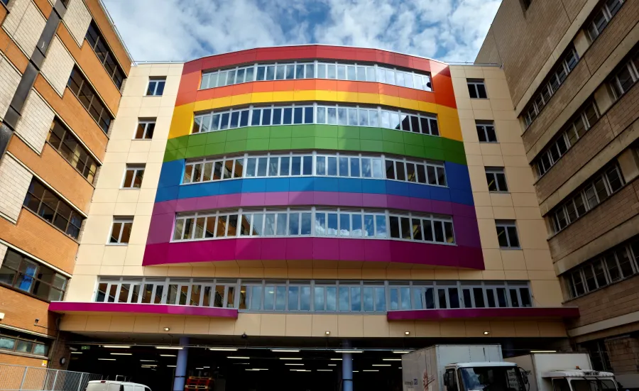 Outside of Southampton General Hospital, featuring a rainbow façade.