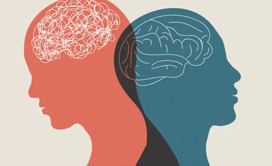 Abstract illustration of two overlapping human silhouettes in profile, one red, one blue. We can see their brains as white outlines, one looks more like a scribble than a brain.