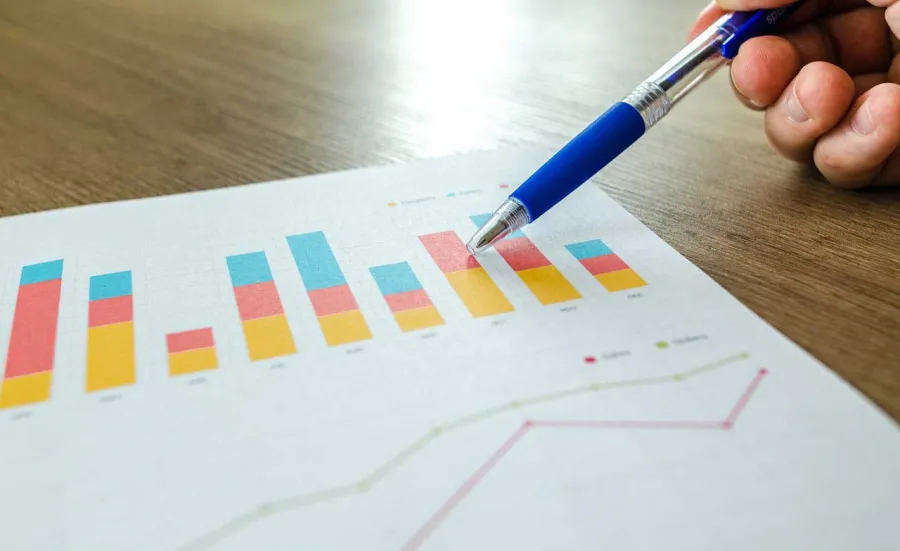 Bar chart and pen pointing st bar chart