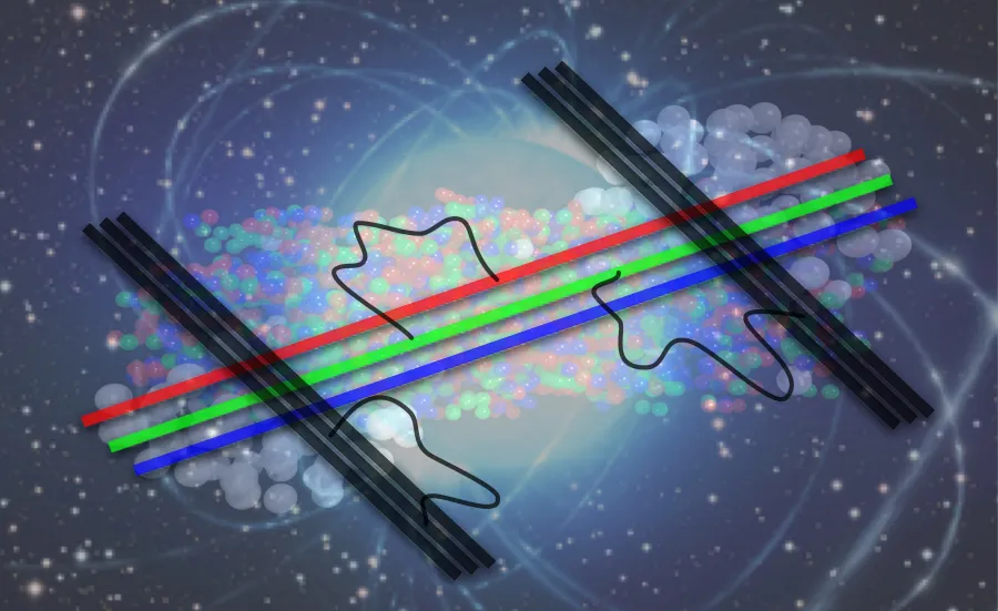 String-theoretic techniques (in the foreground) can be employed to understand the strong nuclear force and related data from neutron stars and collider experiments (in the background).