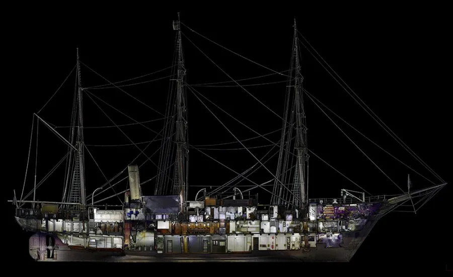 A digitally rendered cross-section of the RRS Discovery showing the different levels and holds of the ships interior