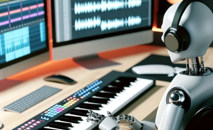 An AI-generated image of a humanoid robot sitting at a desk in a music studio. It is playing notes on a musical keyboard, as recording software displays the soundwaves being recorded on 2 computer monitors.