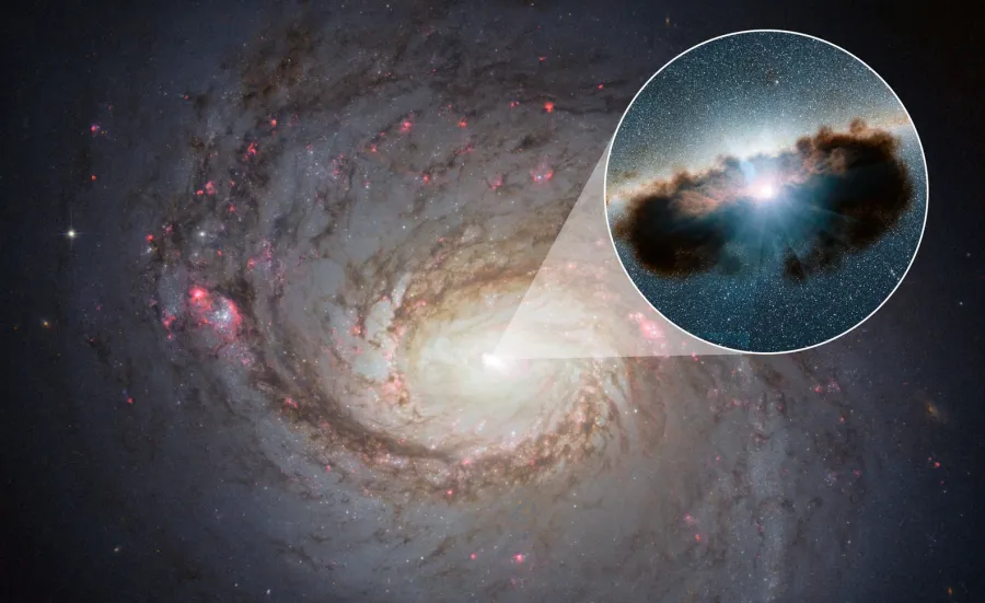 A satellite image of a galaxy, with a box zooming in on the centre and revealing a supermassive black hole hidden behind a cloud of gas and dust.