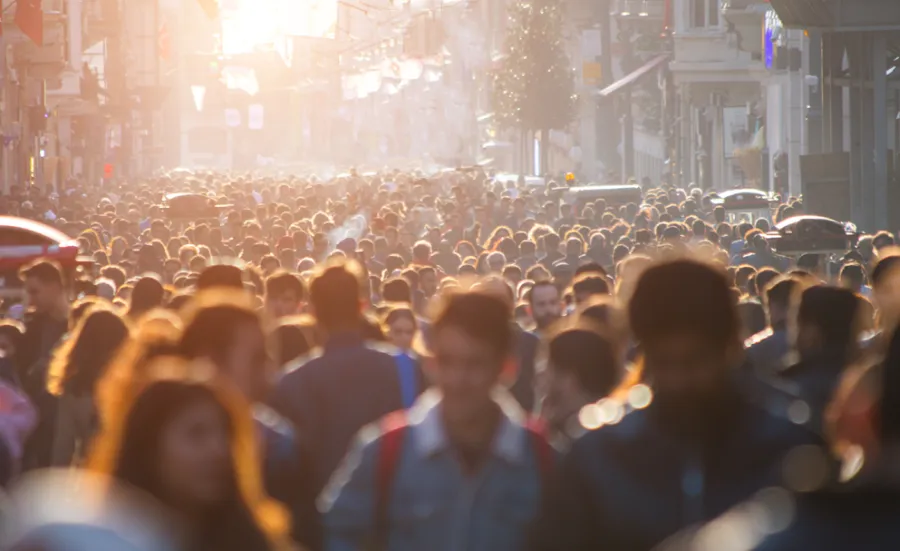 A long road filled with people as far as the eye can see. Hazy sunshine casts a glow across the crowd