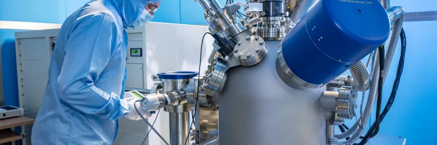 A man in full cleanrooms uniform works at cleanrooms equipment