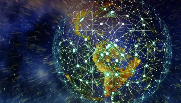 Pixabay illustration of planet earth covered in a blockchain pattern