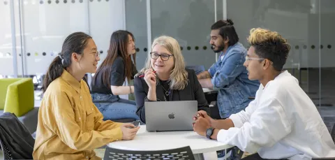 Two students and an advisor talking around a table. The advisor has a laptop open on the desk. There are other people sitting around tables in the background.