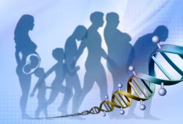 In the foreground a strand of DNA spirals into the distance diagonally across the bottom of the image. In the background the stages of a persons life, from unborn baby to old age, are depicted by overlapping silhouettes.