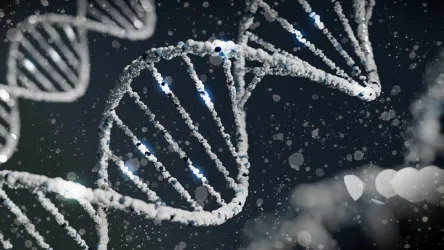 A digitally rendered close-up of a DNA double helix structure with spherical particles against a dark background with bokeh light effects