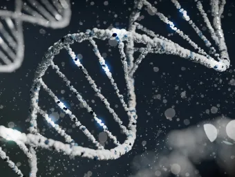 A digitally rendered close-up of a DNA double helix structure with spherical particles against a dark background with bokeh light effects