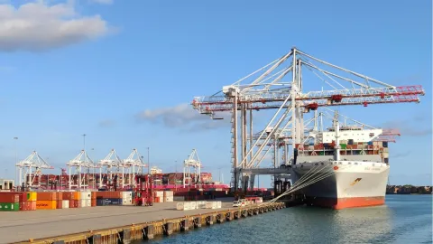 Cargo ship docked at a port with stacked containers and cranes against a clear sky