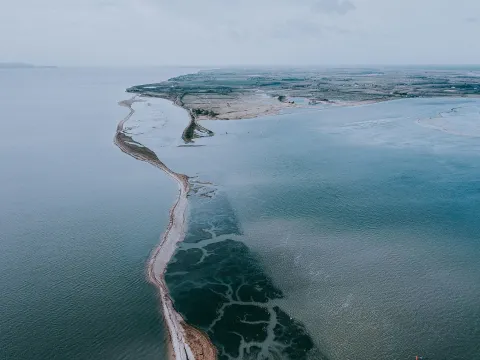 Aerial shot of water and shoreline