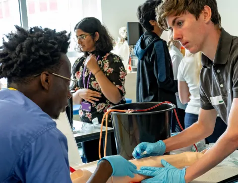 Four people in a medical training session, with one practicing a procedure on a manikin arm while others converse in the background, indicating a focus on skill development and collaboration.