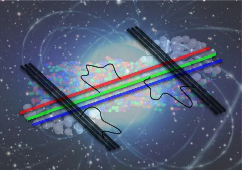 String-theoretic techniques (in the foreground) can be employed to understand the strong nuclear force and related data from neutron stars and collider experiments (in the background).