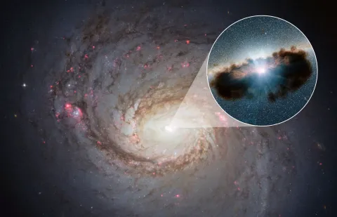 A satellite image of a galaxy, with a box zooming in on the centre and revealing a supermassive black hole hidden behind a cloud of gas and dust.