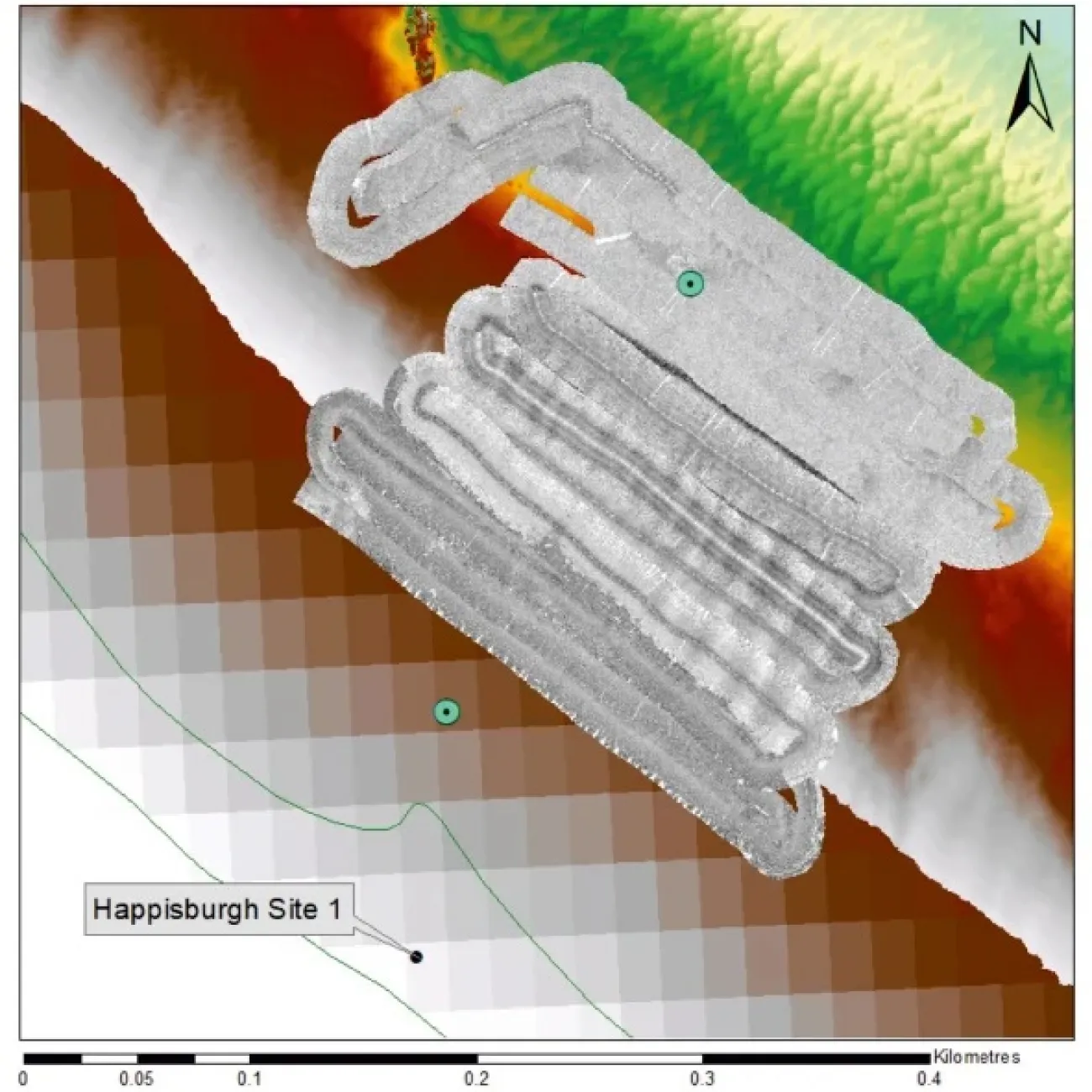 Side scan sonar imagery of the seabed.